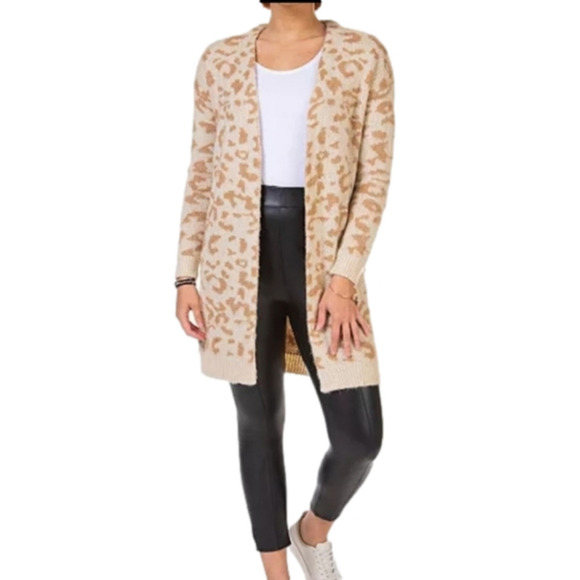 Black Tape Sweaters - Animal Print Long Leopard Beige Open Front Collarless Knitted Duster Cardigan XL